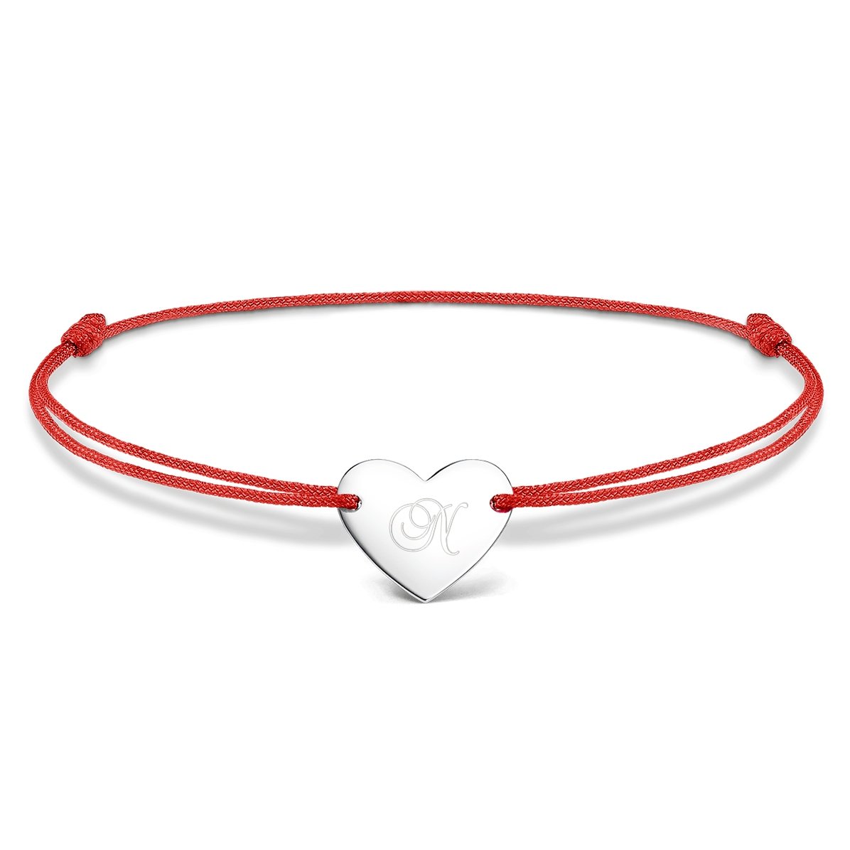 Gepersonaliseerde armband met koord - hartje 12x10 mm - 925 zilver - model met initiaal 3