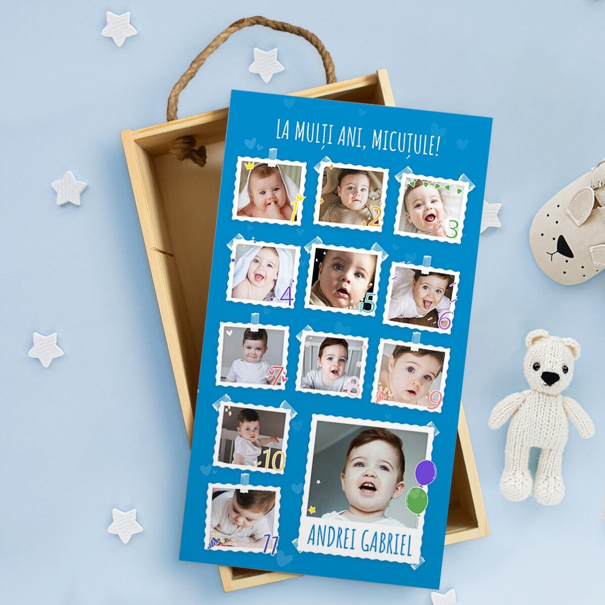 Gepersonaliseerde houten geschenkdoos met 13 foto’s en tekst – Eerste verjaardag