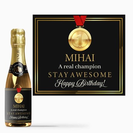 Mini bottle of sparkling wine personalised with text - Champion