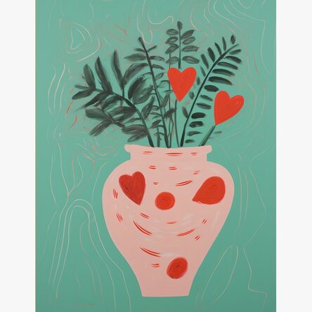 Poster Illustration of potted plants and drawn hearts