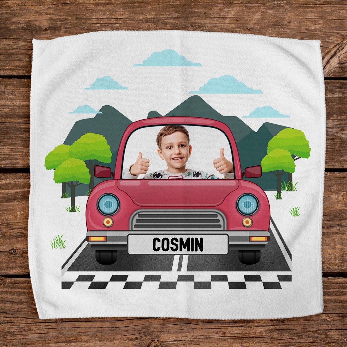 Gepersonaliseerde handdoek met een foto en tekst voor kinderen - Auto