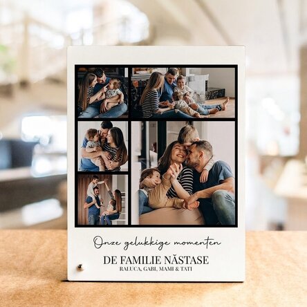 Gepersonaliseerde fotolijst voor op het bureau met 5 foto’s en tekst