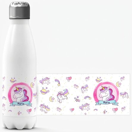 Gepersonaliseerde thermosfles met witte bodem en naam - Eenhoorns