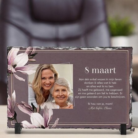 Op maat gemaakte leisteenplaat met een foto en een boodschap - 8 maart