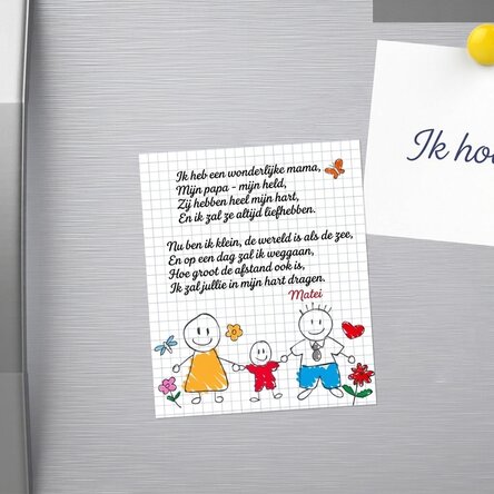 Gepersonaliseerde magneet van 10 x 12 cm met een gedicht voor ouders – Jongetje
