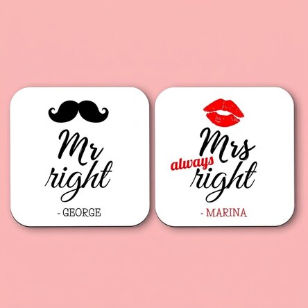 Set van 2 gepersonaliseerde onderzetters met tekst - Mr and Mrs Right