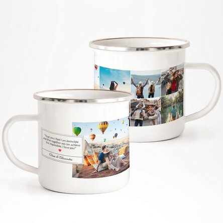Enamelled metal mug with 6 photos and message