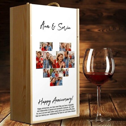 Wine box for 2 bottles personalised with 11 photos and a message - Heart