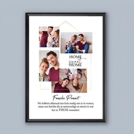 Gepersonaliseerd schilderij met 4 foto’s en een boodschap voor het gezin - Thuis, zoete thuis