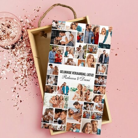 Gepersonaliseerde houten geschenkdoos met 35 foto’s en tekst
