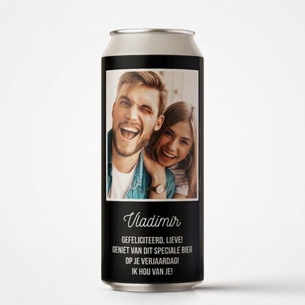 Bier in een blikje met een persoonlijke foto en boodschap
