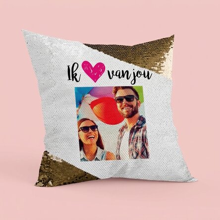 Gepersonaliseerd kussen met een foto - I love you - Gouden pailletten
