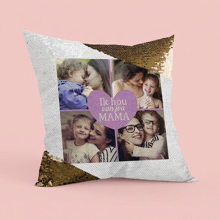Gepersonaliseerd kussen met 4 foto’s en tekst – Gouden pailletten