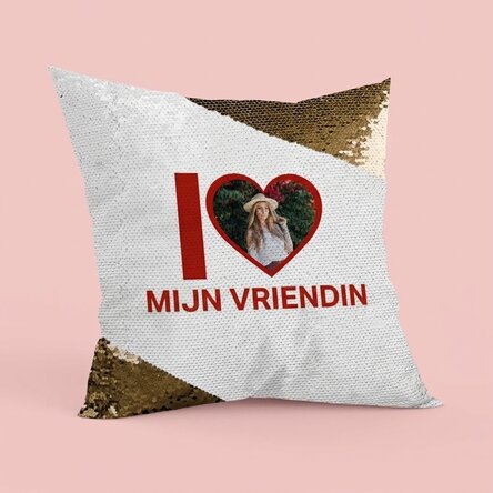 Gepersonaliseerd kussen met foto en tekst - I love my girlfriend - Gouden pailletten