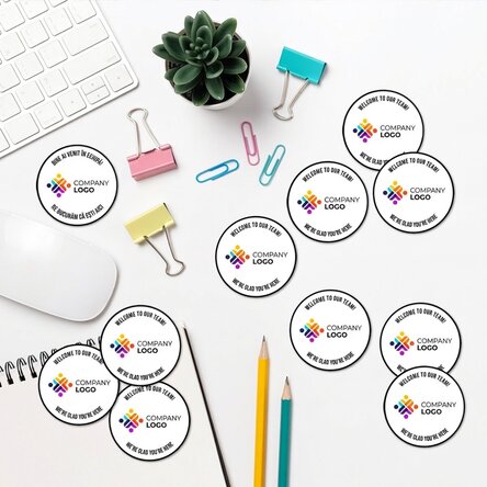 Set of 12 round stickers (self-adhesive labels), diameter 5 cm, customised with logo and text