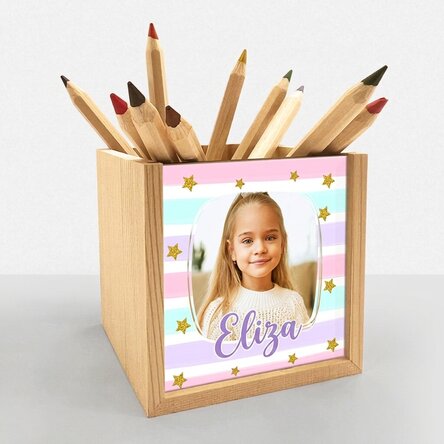 Personalised pencil holder with photo and name - Rainbow