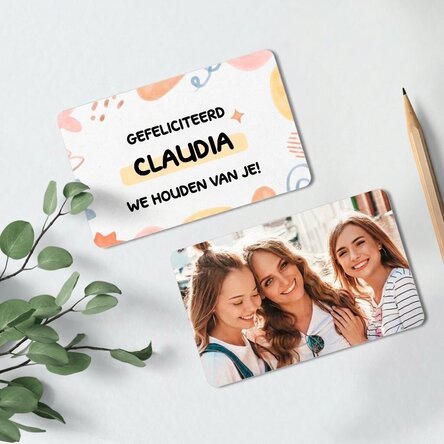 Gepersonaliseerd aluminium kaartje, voor- en achterkant, met tekst en foto - Verjaardag
