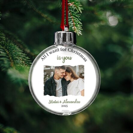 Gepersonaliseerde kerstbal met een boodschap en een foto - All I want for Christmas