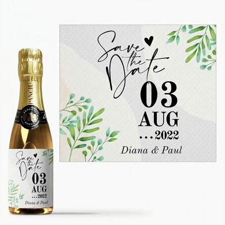Mini bottle of sparkling wine personalised with text - Save the date