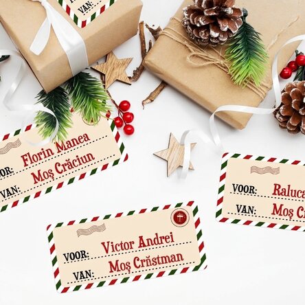 Set van 4 stickers (zelfklevende etiketten) van 11 x 5 cm, gepersonaliseerd met een boodschap – van