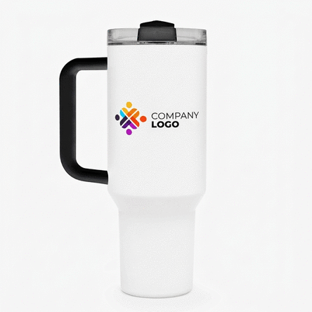 Thermos mug with handle and straw, personalised with logo and name