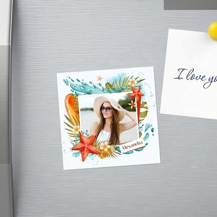 Gepersonaliseerde magneet van 10x10 met foto en naam - Vakantie