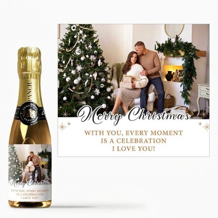 Mini-flesje mousserende wijn, gepersonaliseerd met tekst en een foto - Merry Christmas