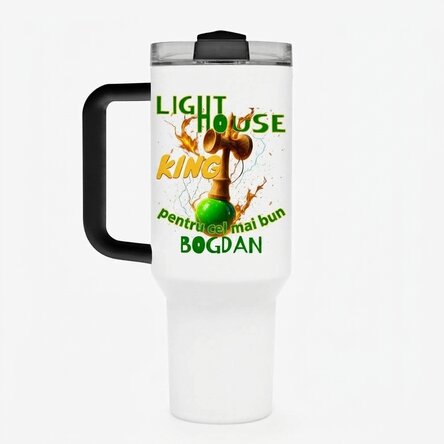 Thermos mug with handle and straw, personalised with name - Lighthouse King