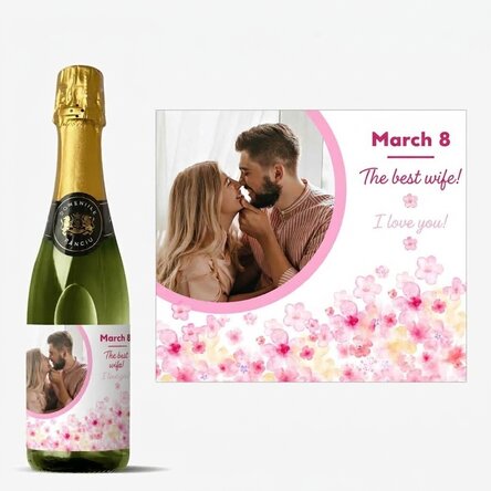 Middelgroot flesje mousserende wijn, gepersonaliseerd met tekst en foto - Bloemen