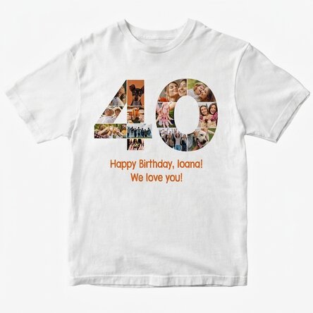 Gepersonaliseerd katoenen T-shirt met 13 foto’s en een tekst – 40 jaar