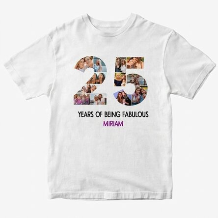Gepersonaliseerd katoenen T-shirt met 12 foto’s en een tekst – 25 jaar