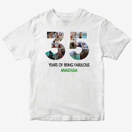 Gepersonaliseerd katoenen T-shirt met 12 foto’s en een tekst – 35 jaar