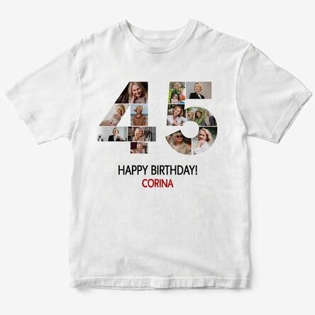 Gepersonaliseerd katoenen T-shirt met 12 foto’s en een tekst – 45 jaar