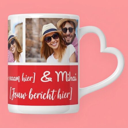 Gepersonaliseerde mok met 3 foto’s en tekst – model met hartvormig handvat