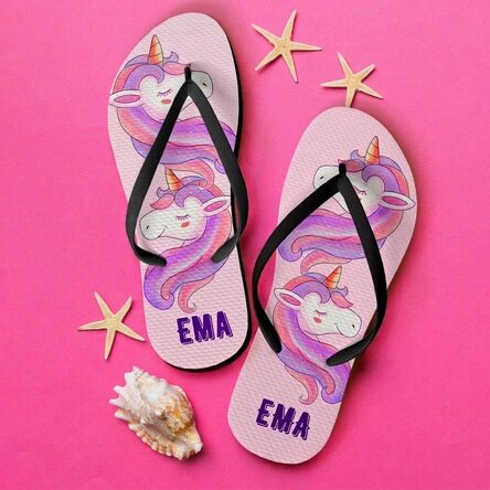 Personalised children's slippers with unicorn and text