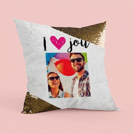 Gepersonaliseerd kussen met pailletten en foto - I love you