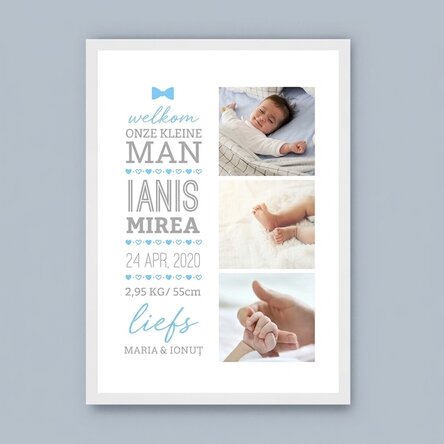 Gepersonaliseerd schilderij met tekst en 3 foto's - Hello, baby (Jongen)