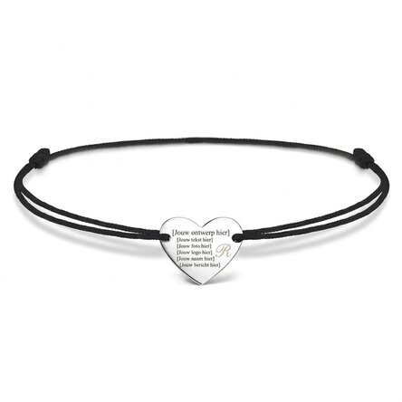 Gepersonaliseerde armband met koord - hartje 12x10 mm - 925 zilver - model met initiaal 2