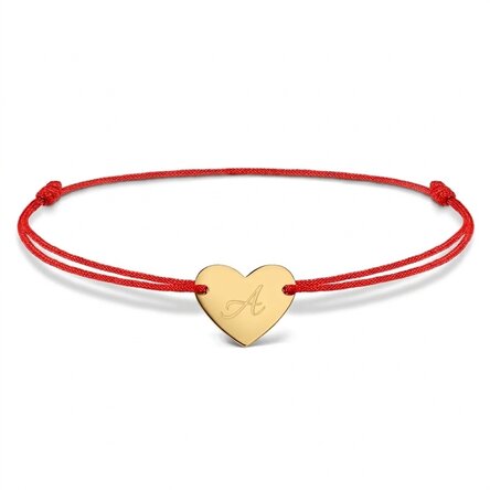 Gepersonaliseerde armband met koord - hartje 12x10 mm - 14-karaats goud - model met initiaal 5
