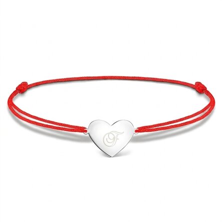 Gepersonaliseerde armband met koord - hartje 15x13 mm - 925 zilver - initiaal 2
