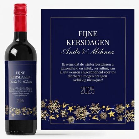 Wijn met gepersonaliseerde tekst - Golden Snowflakes