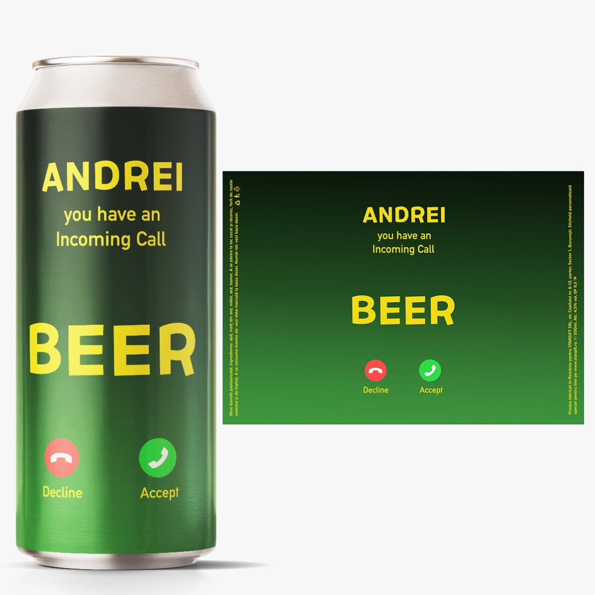 Personalised beer can with text - Incoming call