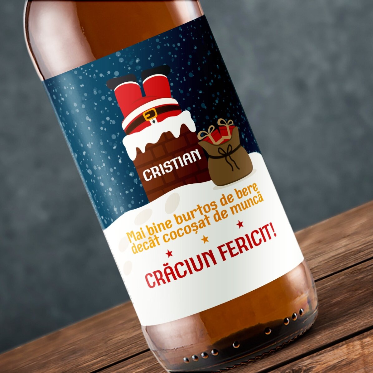 Bier met gepersonaliseerde tekst - De Kerstman op de schoorsteen