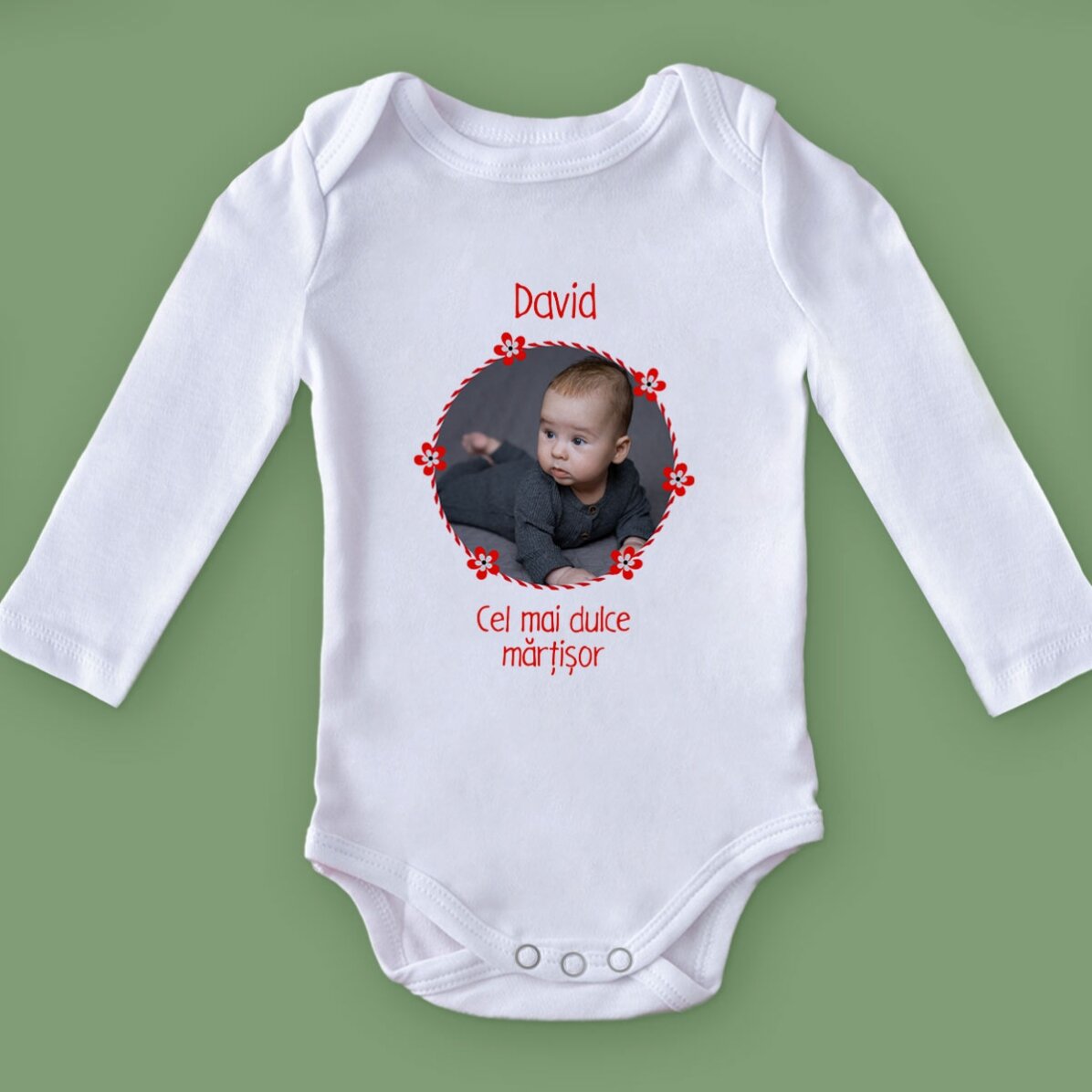 Personalised baby bodysuit with photo and text