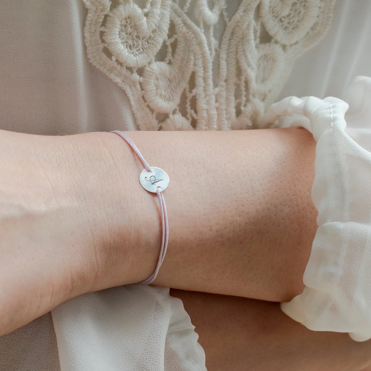 Personalised cord bracelet - 10 mm bead - 925 silver - initial model 2