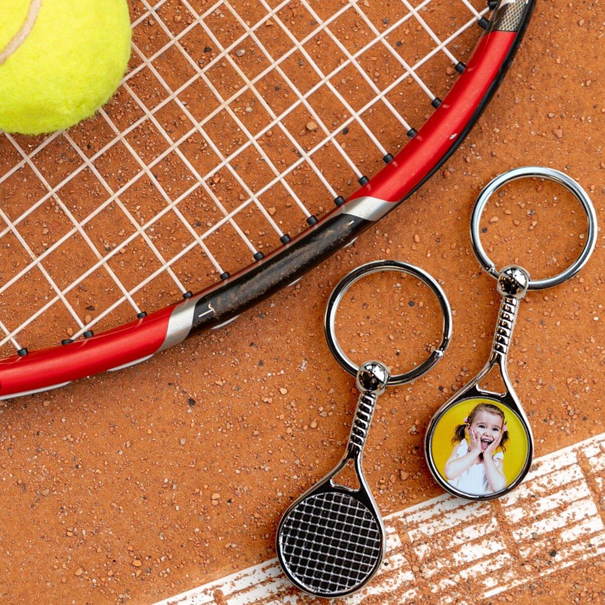 Sleutelhanger in de vorm van een tennisracket, gepersonaliseerd met een foto - Happy