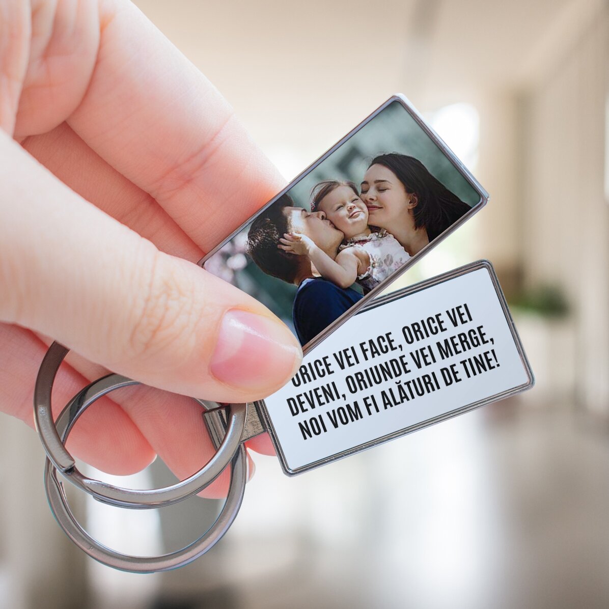 Gepersonaliseerde sleutelhanger met een foto en een boodschap