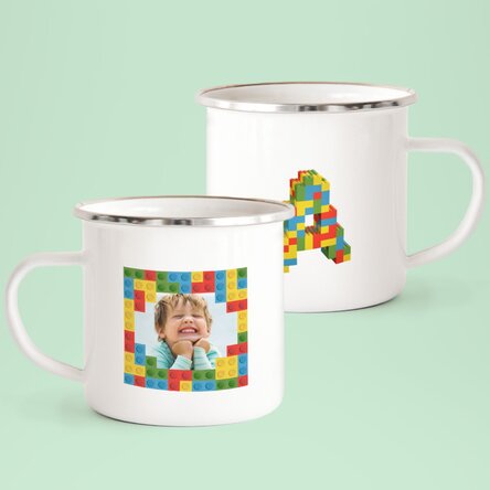 Personalised enamel mug with a photo and initial - Lego