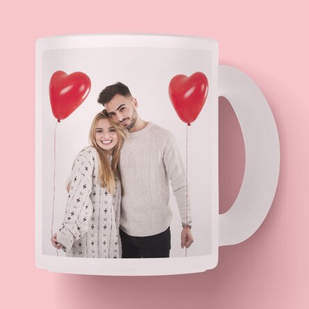 Personalised frosted glass mug with a photo and text
