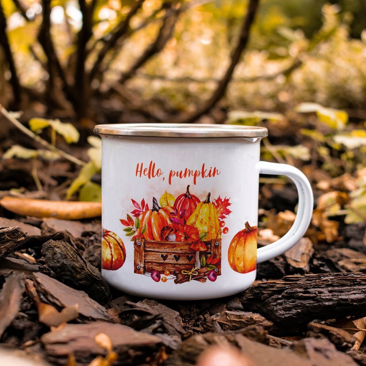 Geëmailleerde metalen beker met tekst - Hello, pumpkin